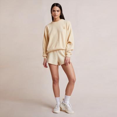 China Women QUICK DRY Crewneck Embroidered Logo Oversized Fit Sweater And Knit Waffle Set Hoodie Shorts Short Sets for sale