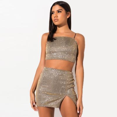 China Eco-Friendly Summer Women's Glitter Tank Top And Front Slit Mini Skirt 2 Piece Set for sale