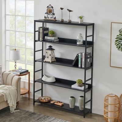 China Large 5-Shelf Home Office 5-Tier Industrial Bookcase Open Shelf Storage Shelf Furniture with Metal Frame, Black for sale