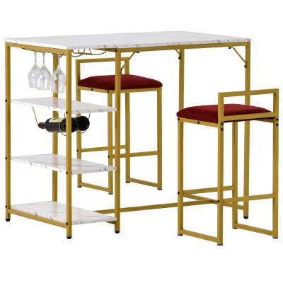 China (Other) Gold Supplier 2 Adjustable PU Upholstered Bar Storage 3 Glass Shelves Steel Chair Dining Table Furniture Set for sale