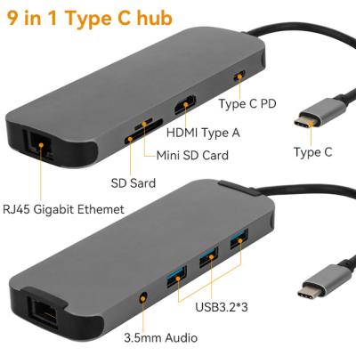 China USB3.0 5Gbps High Speed ​​9 in 1 4k 60hz Converter Ethernet Usb 3.0 Usb C Hub Adapter USB-c Dock 1 Type-c in 9 Hub for sale