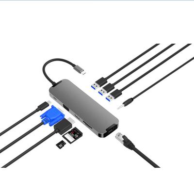 China Portable USB 3.0 Hub 10 in 1 Multi-port Converter TYPE C to HDMI VGA RJ45 USB 3.0 TF SD 3.5MM PD Hub for sale