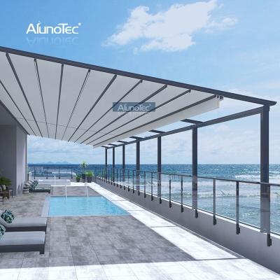 China Automatic Patio Awning Garage Metal Systems Outdoor Pergola Gazebo PVC Windproof Opening Retractable Roof for sale