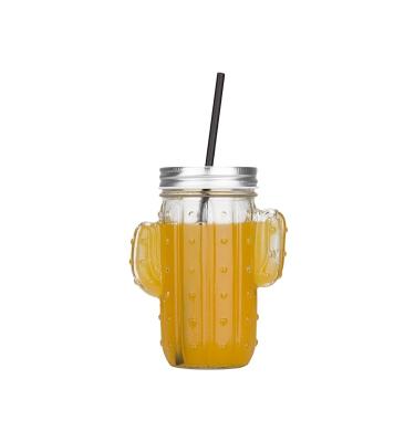 China Freshness Preservation 420ml 14oz Cactus Shaped Drinking Bottle Glass Mason Jar With Straw for sale