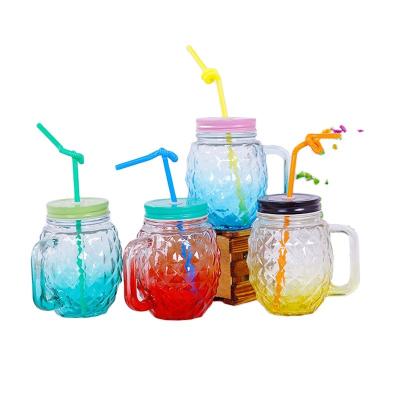 China Freshness Preservation 16oz Fancy Pineapple Jar Drinking Glass Cup Mason Jar With Handle And Metal Lids Straw for sale