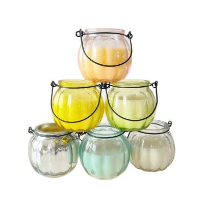 China Home decoration/wedding promotional clear hanging candle lamp/glass lantern with metal handle/portable candle jar for sale