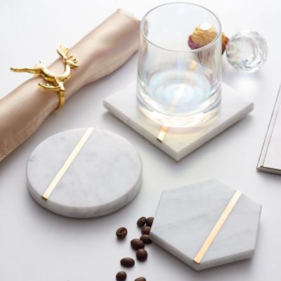 China Amazon Best Sustainable Selling Luxury Marble Coaster With Inlay Marble Taa Brass Coffee Matte White Marble Coaster for sale