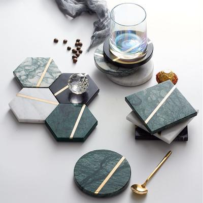 China Viable White Hexagon Bar Tea Drink Coasters Cup Mat Natural Marble Stone Set With Gold Brass Inlay For Home for sale