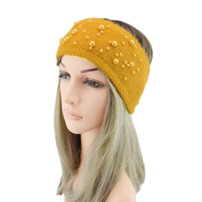 China Wholesale Fashion Soft Wide Stretchy Winter Ear Warmer Hair Bands Windproof Pearl Beads Crochet Knitted Makeup Spa Embellished Headband for sale