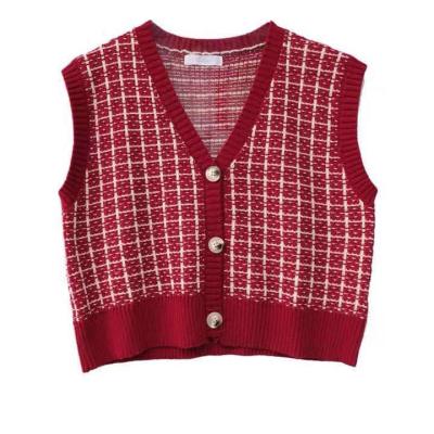 China Sleeveless Checked V-Neck Women Knitted Vest Sweater Vest Breathable Cardigan for sale