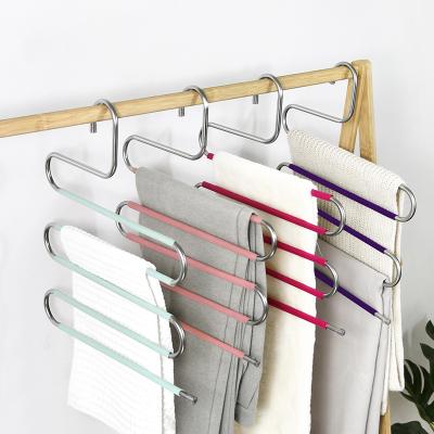 China Modern S-Type Silicone Stainless Steel Pant Hangers Anti-Slip Clothes Cabinet Organizer for Pants Jeans Metal Trouser Hanging Hanger for sale