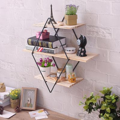 China Creative Wooden Metal Diamond Solid Wood Wall Storage Shelf Support Shelf Solid Wood Wall Mounts Shelf for sale