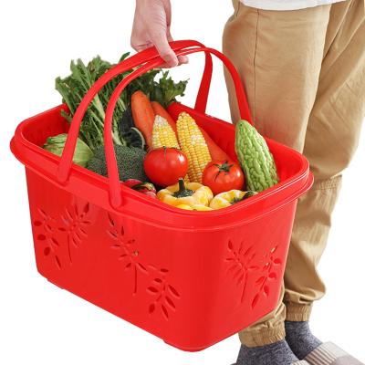 China Friut sustainable hollow plastic handling vegetable shopping basket with red plactic lid layers of the two picnic storage basket with handle for sale