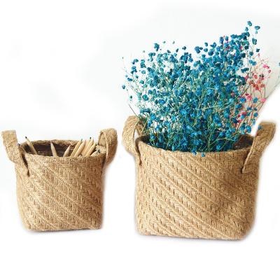 China Viable Eco-Friendly Fabric Jute Flowerpot Basket Jute Zakka Sorage Desktop Basket for sale