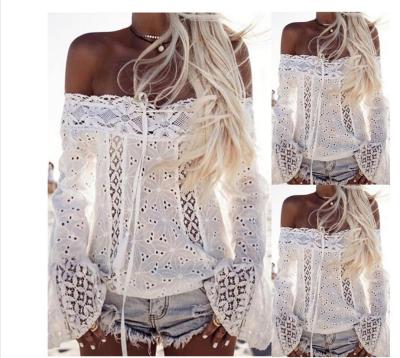 China Breathable Women's One Shoulder Flare Sleeve Lace Top Off The Shoulder Tassel Lace Splice Shirt In Stock for sale