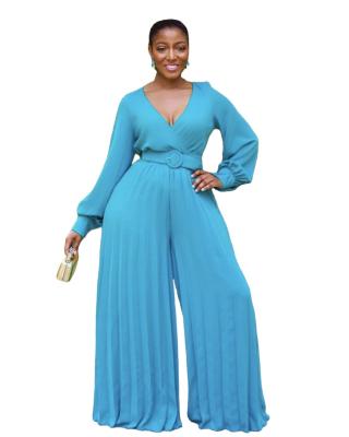 China Breathable Europe America Africa Jumpsuit V-Neck Lantern Sleeve Pleated Wide Leg Pants Loose Plus Size for sale