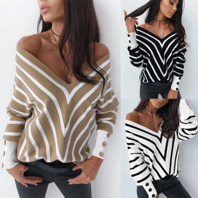 China New Off-The-Shoulder Breathable Striped V-Neck Casual Long Sleeve Comfortable Sweater For Women for sale