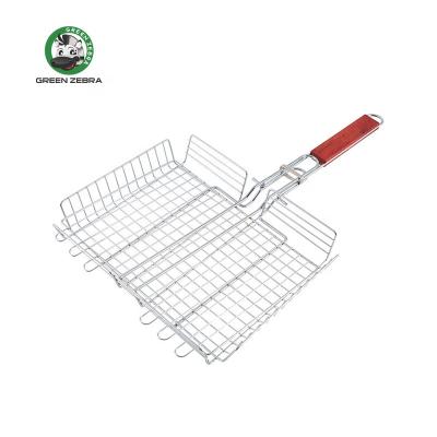 China Easily Cleaned Kitchen BBQ Accessories Stretch Tool Steel Flange Handle Meat Fish BBQ and Vegetable Cooking Wire Mesh Basket for sale