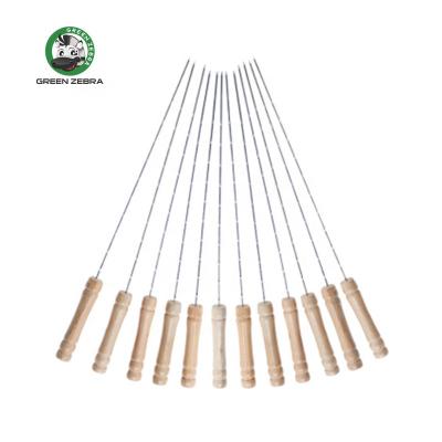 China Easily Cleaned Metal Charcoal BBQ Tools 12 Packed Reusable Wooden Handle Stainless Steel Snack BBQ Stick Spikes Accessories for sale