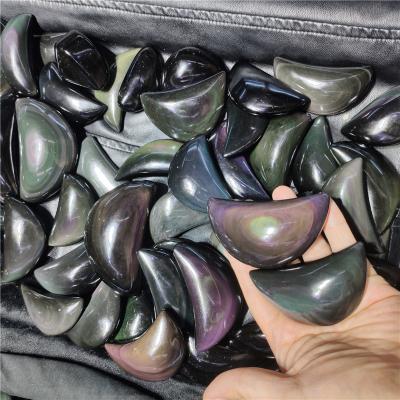 China Natural Europe Rainbow Obsidian Quartz Crystal Hearts Carvings Stone Moon Crystal Carvings For Crafts for sale