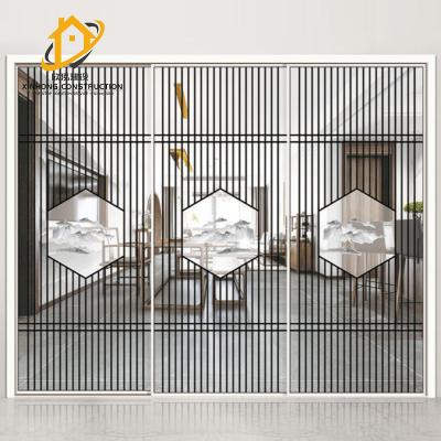 China Modern narrow edge kitchen balcony sliding door titanium-magnesium aluminum alloy with wire landscape art glass sliding door for sale