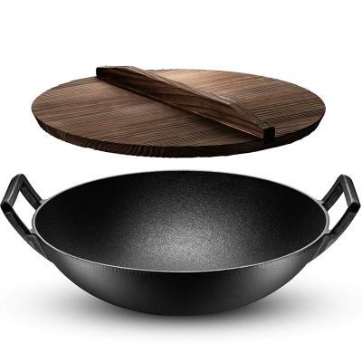 China Amazon Viable Success Pre-Seasoned Cast Iron Chinese Wok with 2 Handles and Wooden Wok Lid, 14 inch for sale