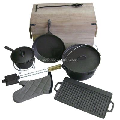 China Sustainable Cast Iron Camping Cookware Set In Wooden Box for sale