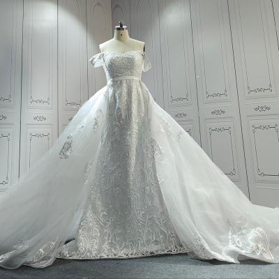 China Dry Cleaning Mermaid Vestidos De Novia Wedding Dress With Detachable Train Off The Shoulder Removable Lace Coverlet Bridal Wedding Dress for sale