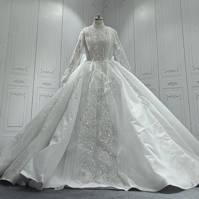 China Dry Cleaning Muslin Wedding Dress Back Modest Luxury High Neck Long Sleeve Plus Size Bridal Gowns for sale