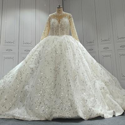 China Dry Cleaning Hand Made Wedding Dress Big Sequin Train Best Ball Beaded Lace Beautiful Long Sleeve Bridal Gown for sale