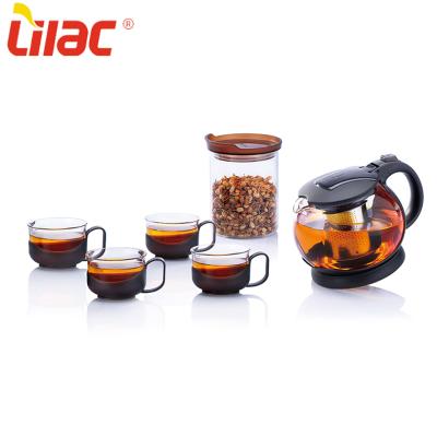 China Sustainable Lilac German High Quality 1500ml Glass Teapot Set With Infuser Tea And Coffee Pot With 4 Cups for sale