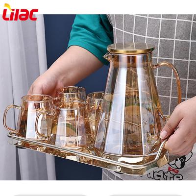 China Sustainable Quality Lilac German Shape Glass Decanter Jug 1800ml Jug With 6 Pcs Glass Cups for sale