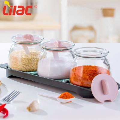 China 290ml*3PCS Sustainable Quality Appearance Lilac German Delicate Acacia / Mamboca Round Nordic Kitchen Storage Spice Container Glass Jar for sale