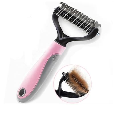 China Sustainable Pets Comb Removes Comfortable Rubber Handle And Stainless Steel Pin 2 Sided Dog Cat Dematting Comb for sale