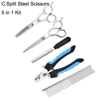 China Wholesale Cat Dog Grooming Set Stainless Nail Clippers Comb and Steel Scissors Stocked 5 in 1 Kit Pet Accessory for sale