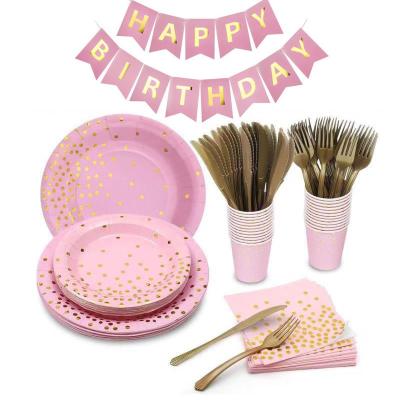 China Disposable Dot Pink Tableware Set Meal Gold Tiny Heatable Party Decoration Kitchen Utensils for sale