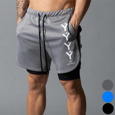 China Anti-wrinkle latest design men gym double layer running shorts sports sweat fitness 2 in 1 shorts for sale