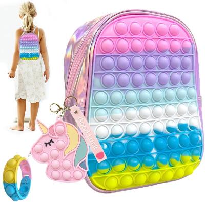 China Push pop itting bubble stir school bag silicone pop relax unicorn backpack push pop sensory stir person school bag among us popet itting laser shiny satchel with dots noise toys for sale