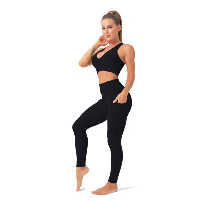 China New style waterproof yoga clothes hip-lifting bubble pants body-sculpting yoga pants bubble jacquard back bra beautiful set women for sale