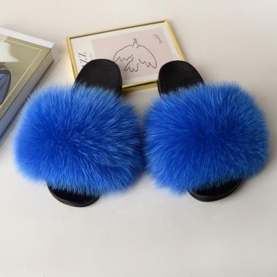 China Women's Fur Slippers Colorful Summer Anti-skid Real Slips Blue Fur Slippers Little Girl Flip Flops Sandals Outdoor Slides for sale