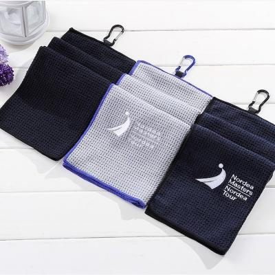 China Custom Logo Digital Printed Towels Solid Custom Viable Triple Microfiber With Grommet Hook Waffle Microfiber Golf Towel for sale