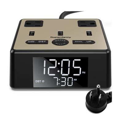 China 2 ac outlet 3 usb ports factory directly supply alarm clock black gold power strips 2 ac alarm clock power supply plugs 3 usb ports for sale