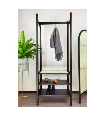 China New Modern Designed Rattan and Hanging Storage Bedroom Coat Rack Wood Clothes Storage Rack with Double Shelf for sale