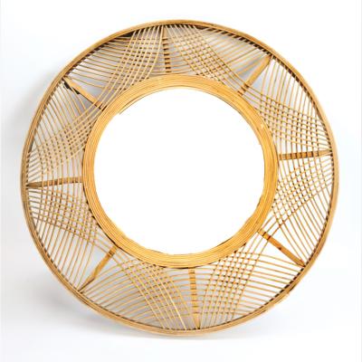 China Traditional Small Size Round Bamboo Rattan Room Hanging Wall Entryway Mirror for sale