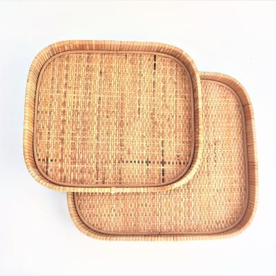 China Hot Sale 100% Eco-friendly Natural Handmade Square Woven Storage Rattan Serving Tray S/2 Raw Material Rectangle Serving Tray S/2 for sale