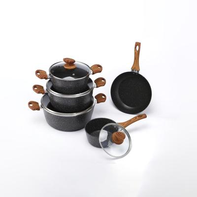 China 6 Piece Induction Sustainable Wooden Kitchen Black Handle Amazon Pan Aluminum Pan Cookware Non-Stick Camping for sale