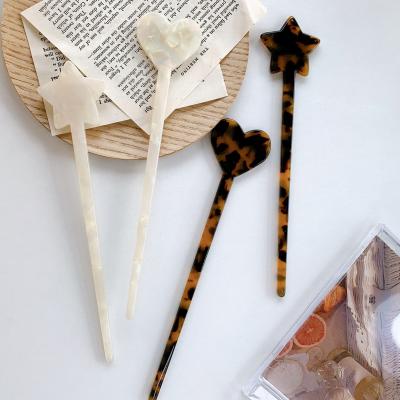 China Cut 8.5cm Hair Loving Heart And Five-pointed Star Leopard Print Tortoiseshell Hair Chopsticks Cellulose Acetate Hair Stick for sale