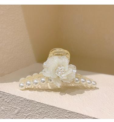 China Adjustable Rotating Ring Fashion Pearls Hair Claw Clips Elegant White Rose Barrette Hair Clips Large Flower Acetate Claw Clip for sale