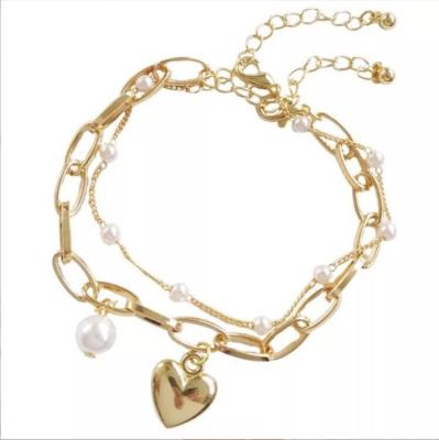 China Wholesale Vintage Pearl Love Temperament Double Bead Chain Bracelet Peach Heart Single Pendant Chain Bracelet for sale