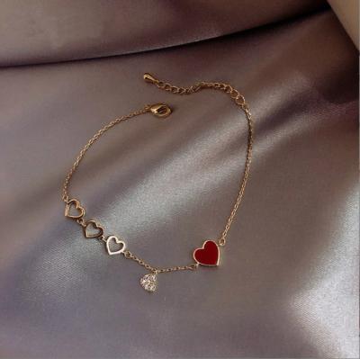 China 2022Wholesale Vintage True Gold Plated Charm Rhinestone Heart Red Chain Bracelets For Women for sale